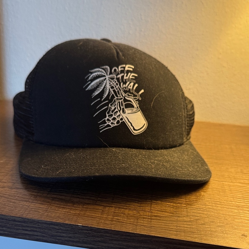Vans Black Trucker Hat with White Palm Bottle Graphic